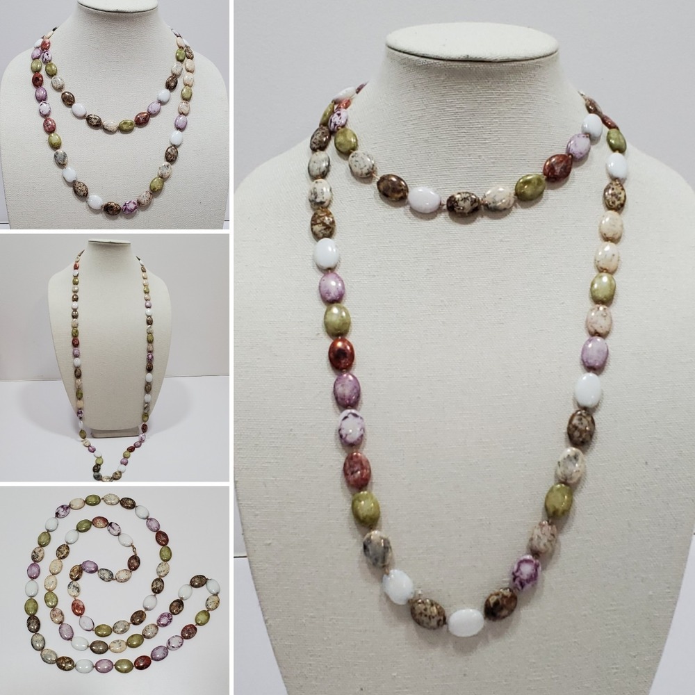 VTG Czech art glass‎ beaded Picasso Necklace Knotted oval beads flapper 48" Boho